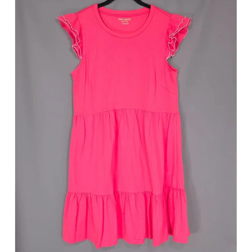 Kate Spade Dress LARGE Trapeze Knit‎ Deep Dahlia Pink Ruffle Tiered Cotton K7675